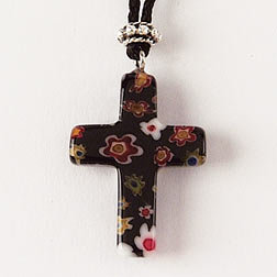 Murrine Style Flora Glass Cross Pendant in Black