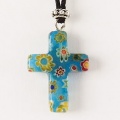 Glass Cross Pendant (Blue With Flowers)