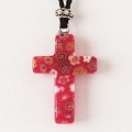 Glass Cross Pendant (Red With Flowers)