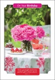 Pink Flowers on Table in the  Garden - Birthday Greetings Card