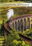 Steam Locomotive and Coaches on Viaduct -  Birthday Card